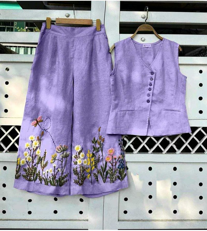 Embroidered Lavender Linen Co-ord Set