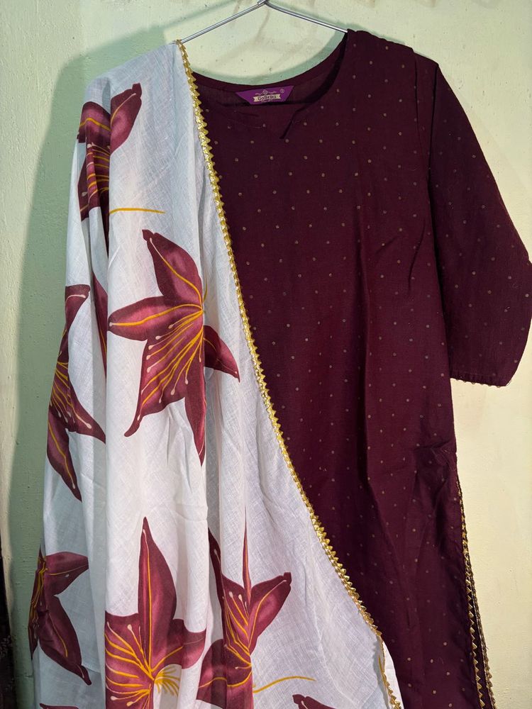 Wine Kurta with Floral Dupatta
