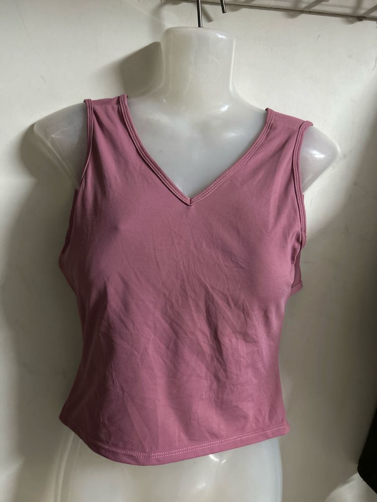 V-Neck Sleeveless Pink Crop Top