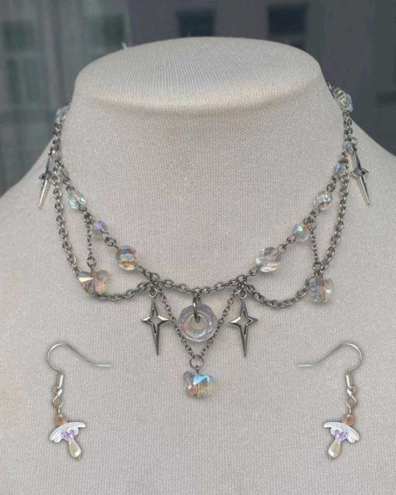 Pretty Beaded Layered Necklace + Earring Set