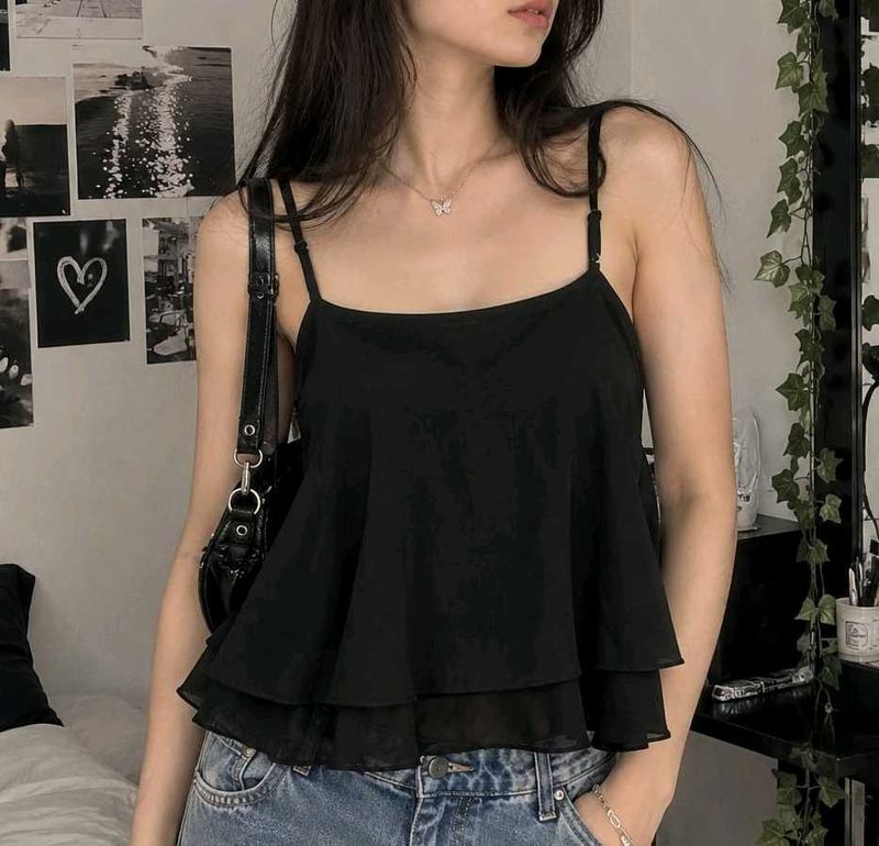 Chic Black Ruffled Cami Top
