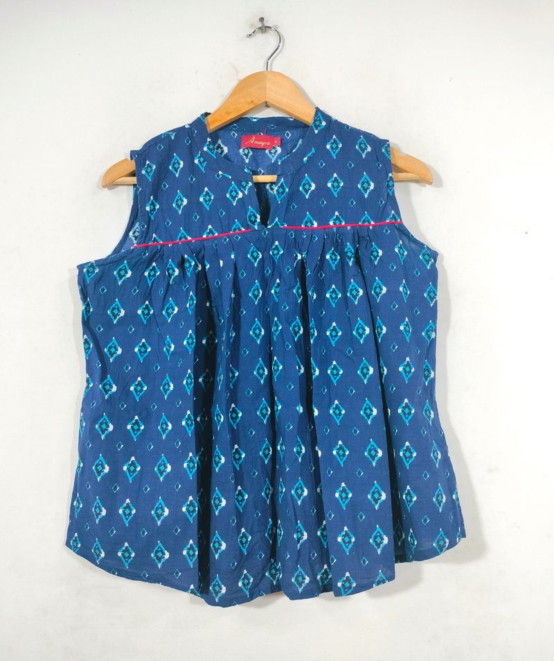 Navy Blue With Box Printed Tops (Women's)