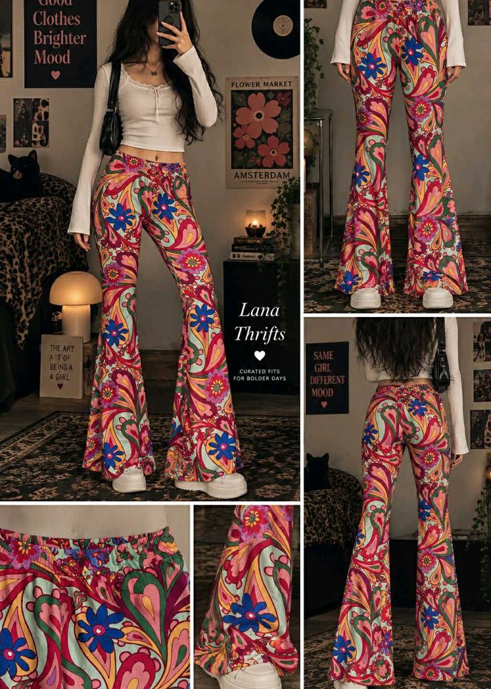 8229. Retro Floral Print Flared Pants