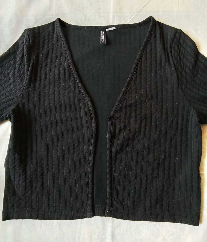 Black Ribbed Button-Up Cardigan