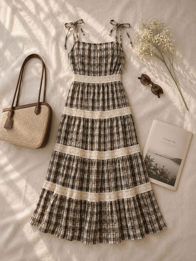 Chic Plaid Maxi Dress with Lace Trim