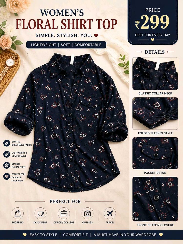 Stylish Women’s Floral Printed Shirt | Dark Blue C