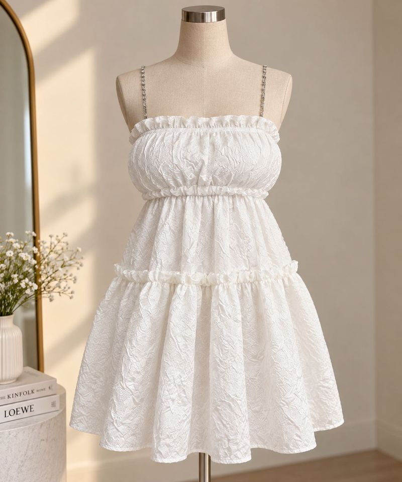 White Textured Ruffle Dress