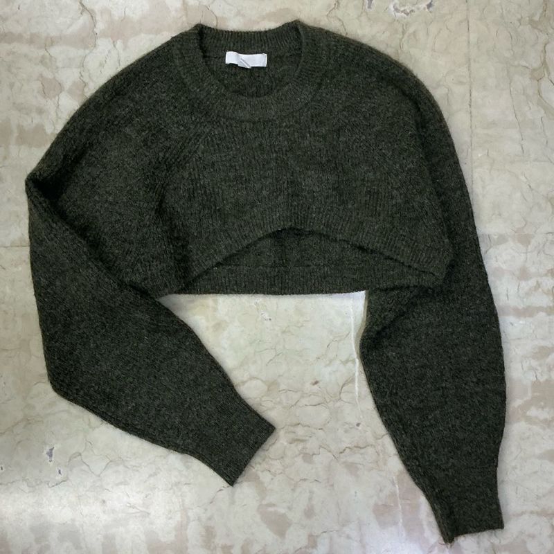 Cropped Olive Green Knit Sweater
