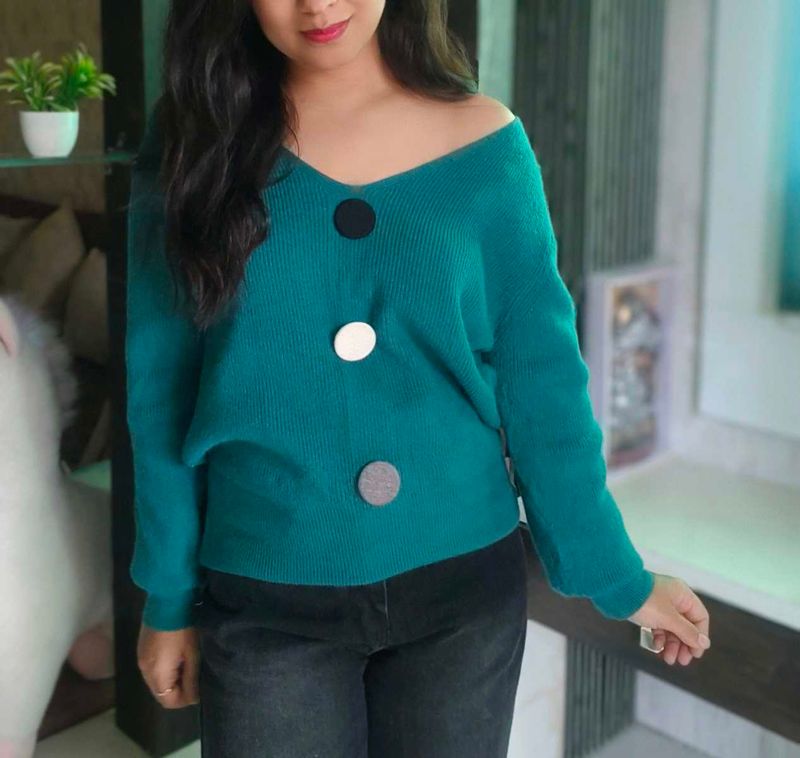 Stylish Teal Button-Accent Sweater