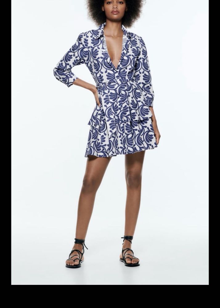 zara  Blue &amp; White Print Mini Dress