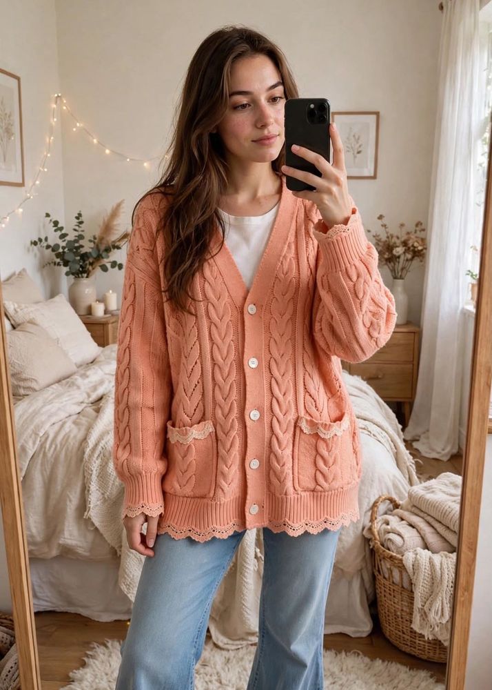 2XL Peach Cable Knit Cardigan with Lace Trim