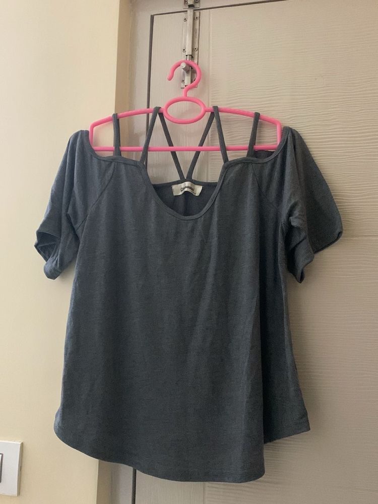 Gray Cutout Shoulder T-Shirt