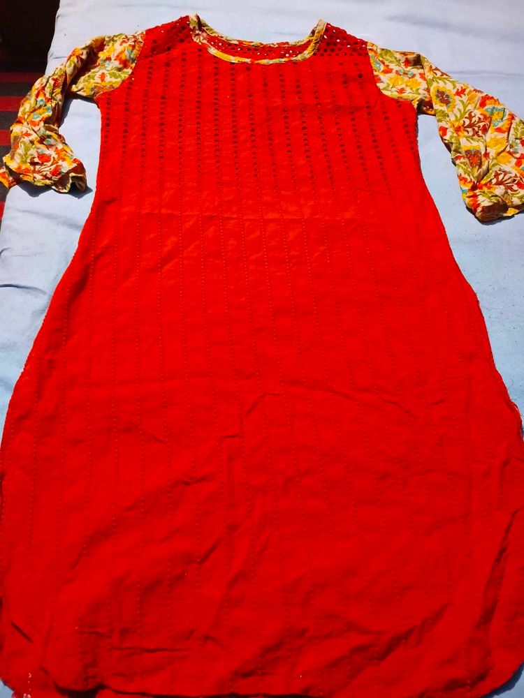 Vibrant Red Kurta with Floral Sleeves
