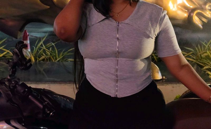 Grey Ribbed Zipper Neck Top