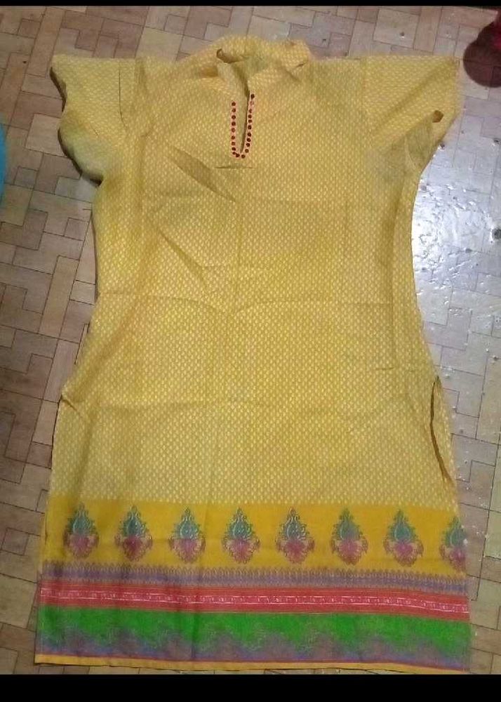 Yellow Embellished Neckline Kurta and Purse 👜