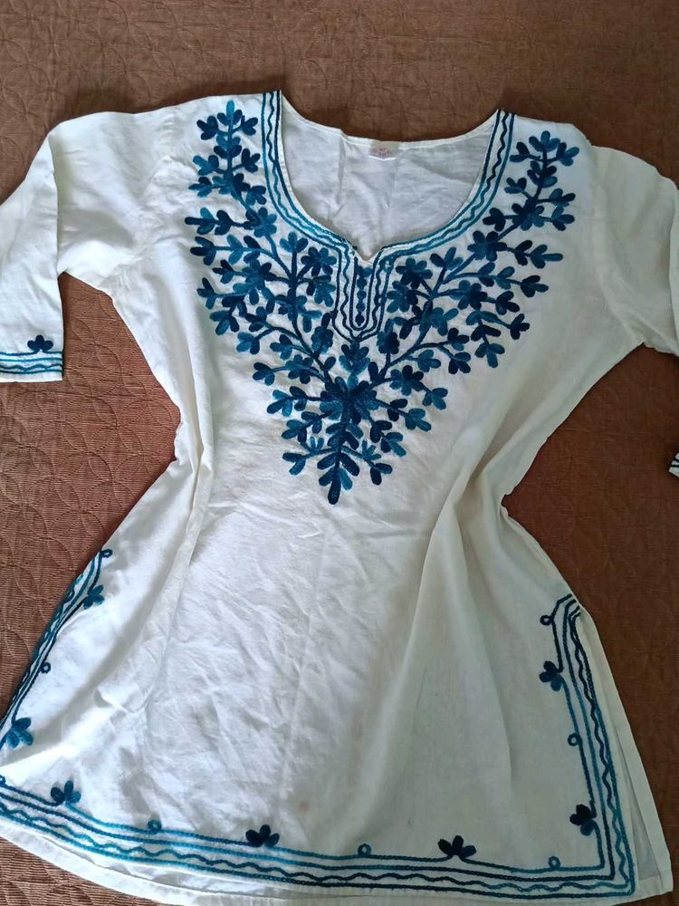 White Kurta with Blue Embroidery