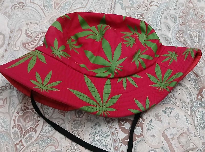 Red Bucket Hat with Green Leaf Print