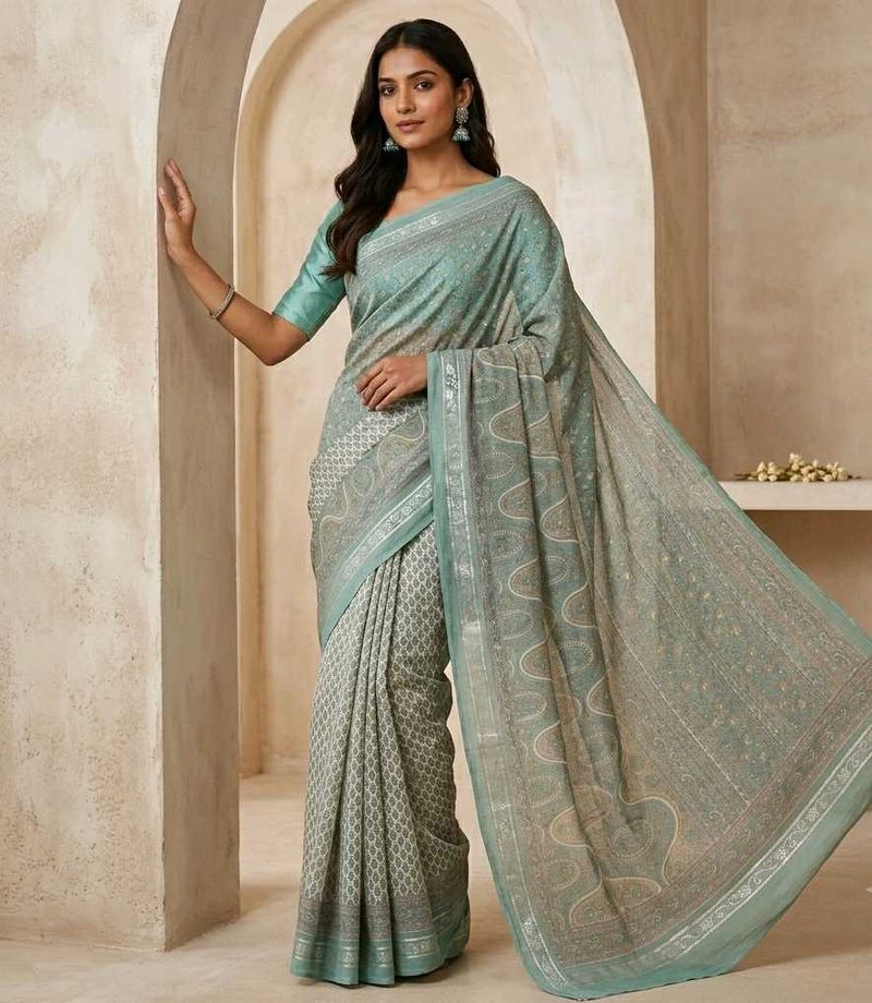 🍀Sage Green Printed Synthetic Saree💚