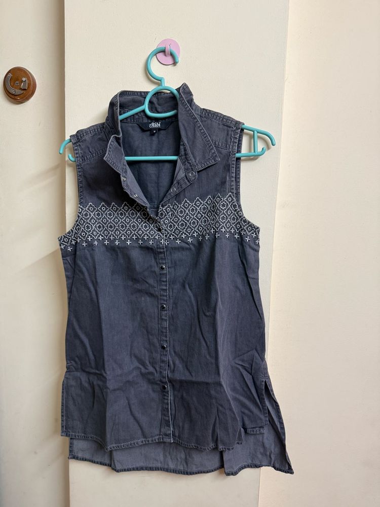 Sleeveless Denim Top with Embroidered Yoke