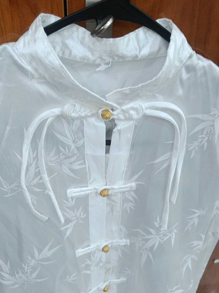 Elegant White Kurta with Bamboo Print