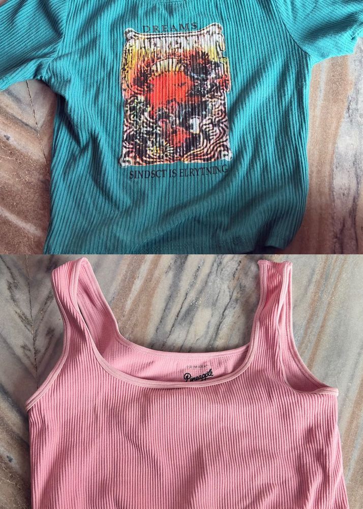 Ribbed Graphic Tee &amp; Pink Tank Top Set