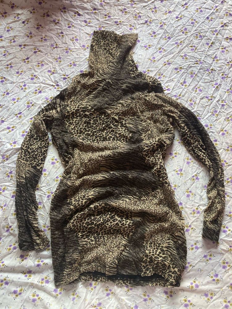 Leopard Print Turtleneck Mini Dress