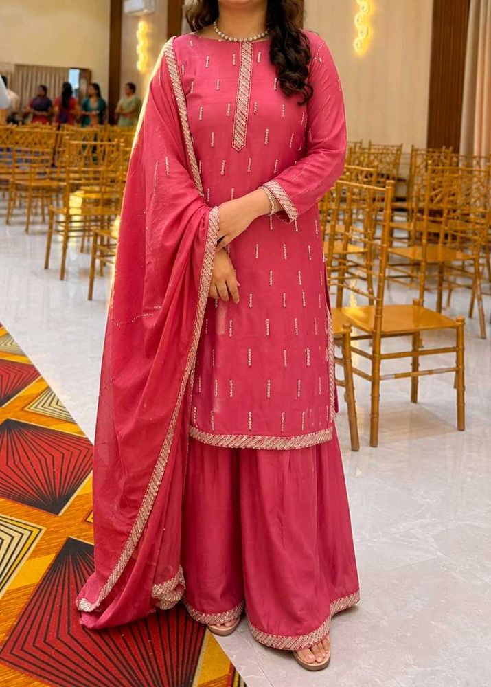 Organza Fuchsia Pink Embellished Suit