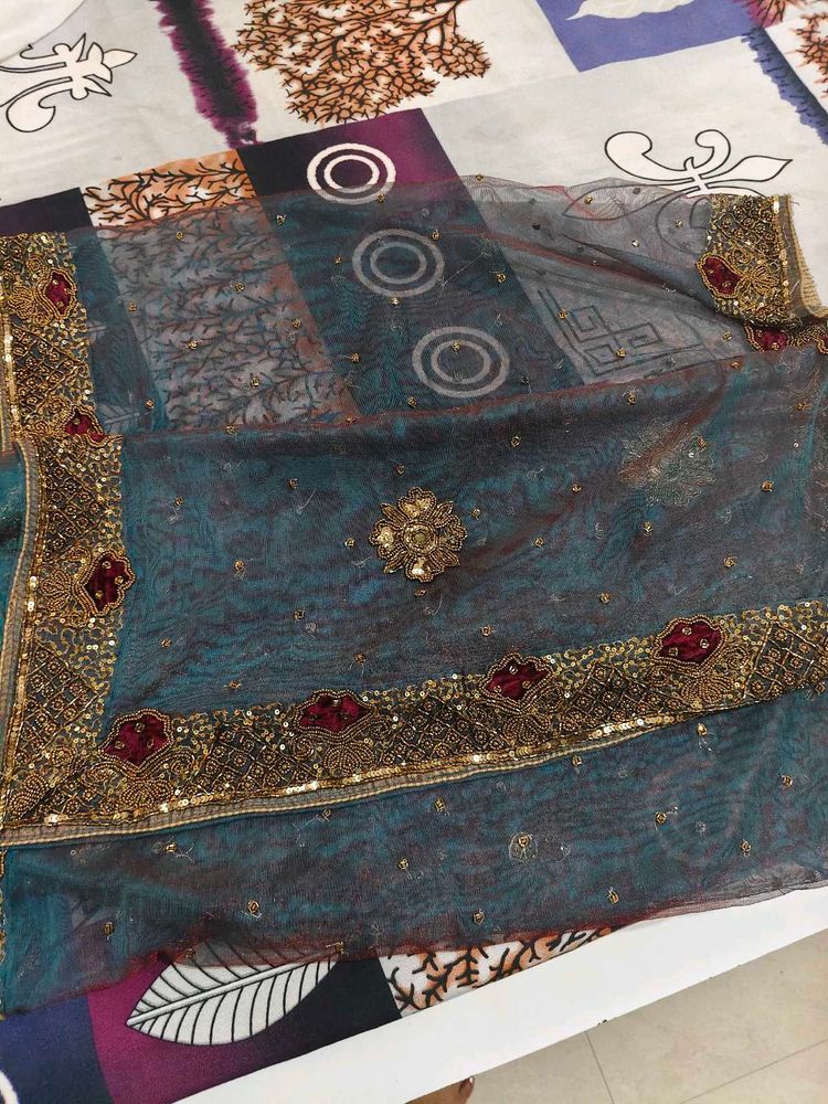 Embellished Teal Net Dupatta
