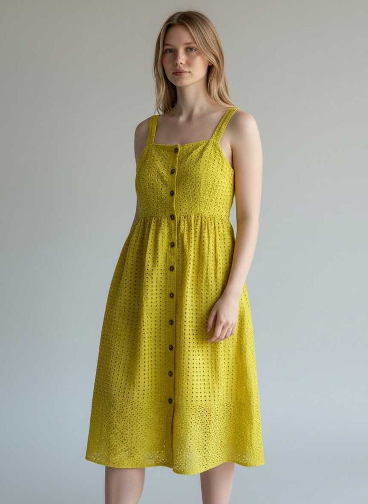 Yellow Broderie Button-Up Midi Dress
