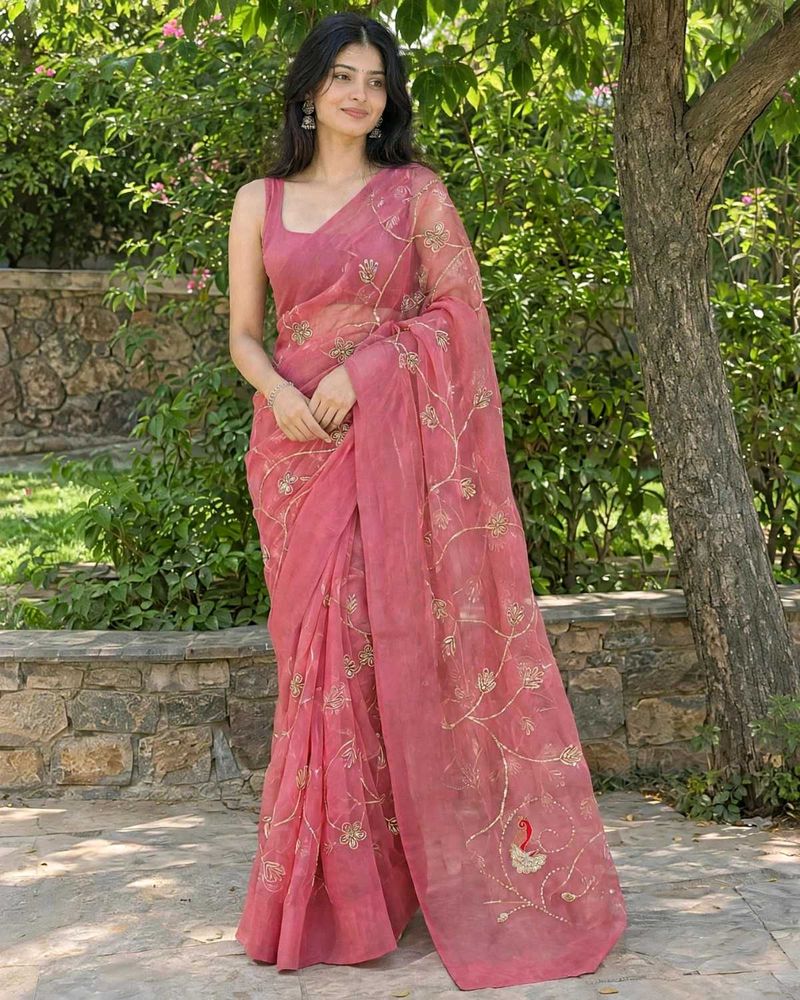 Elegant Pink Embroidered Saree