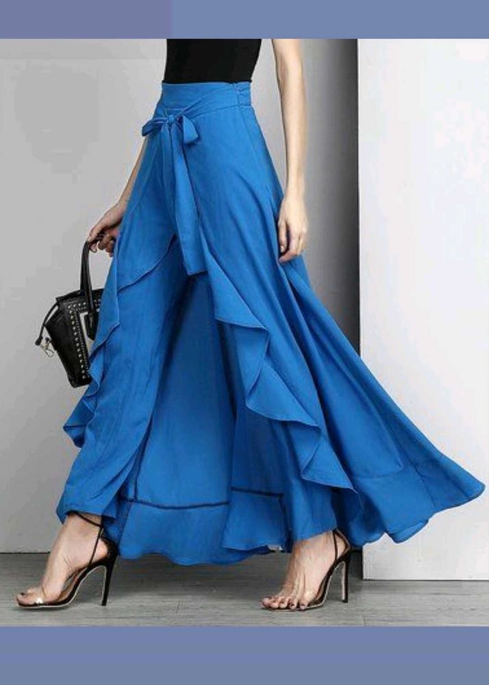 Flowy Blue Palazzo Pants with Ruffle Detail