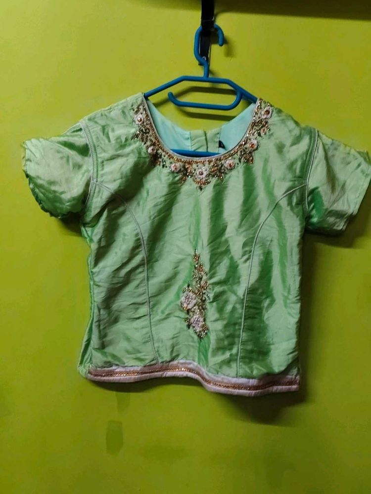Green Embroidered Silk Blouse and skirt