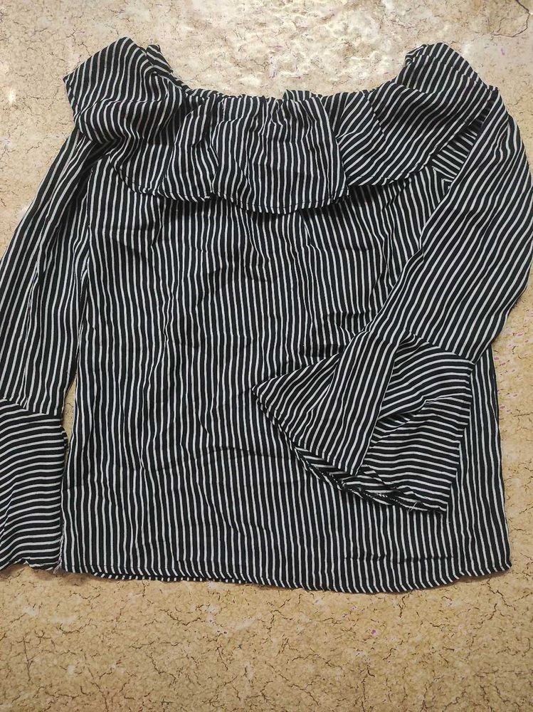 Striped Off-Shoulder Bell Sleeve Top