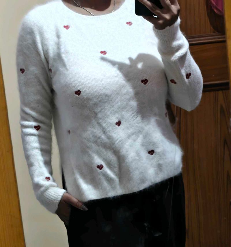 White Heart Pattern Sweater