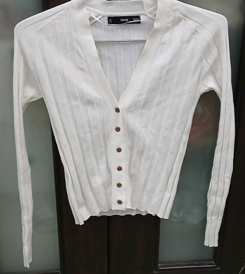 MNG White Ribbed Knit Cardigan