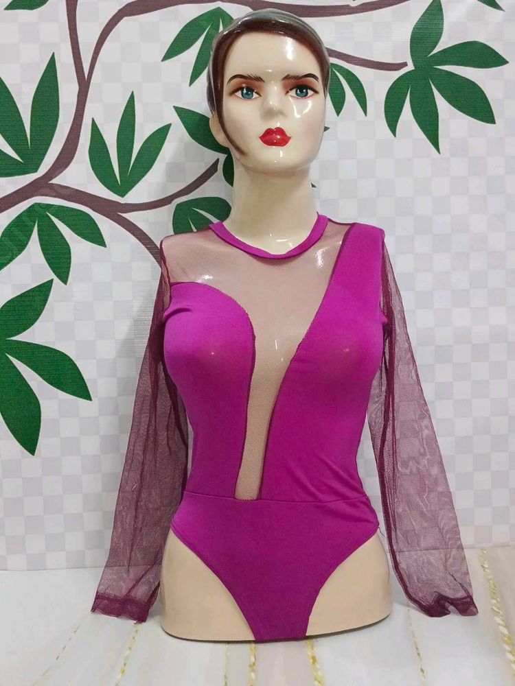 (600)Magenta Mesh Long Sleeve Bodysuit