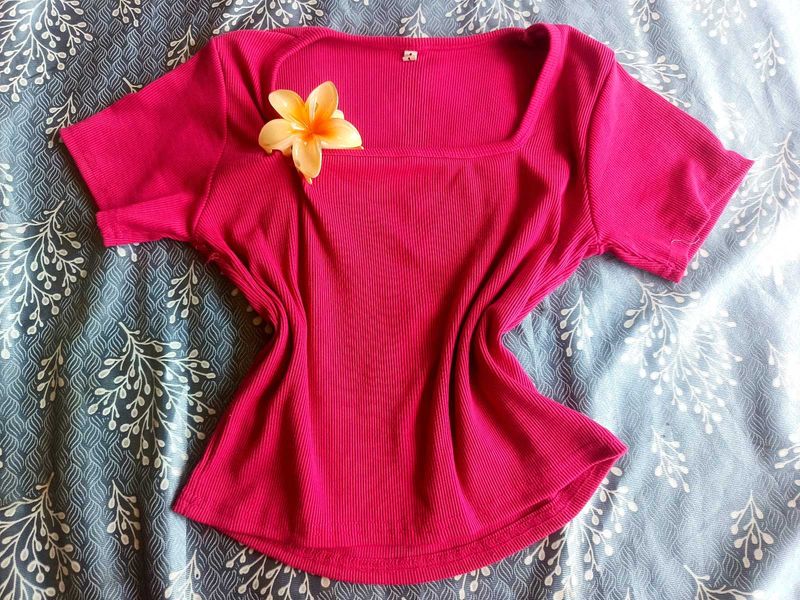 Cute Pink Ribbed Square Neck Top