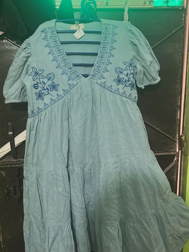 Light Blue Embroidered Tiered Dress