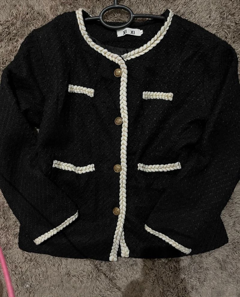 Elegant Black Tweed Jacket Wool Blend Vintage