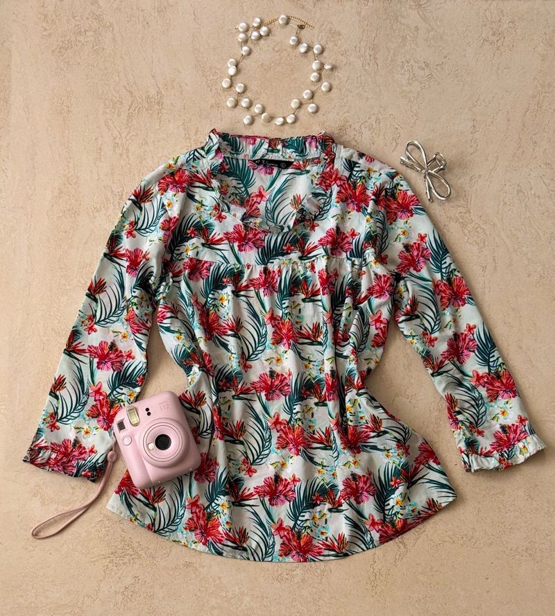 Floral Print Ruffle Trimmed Top