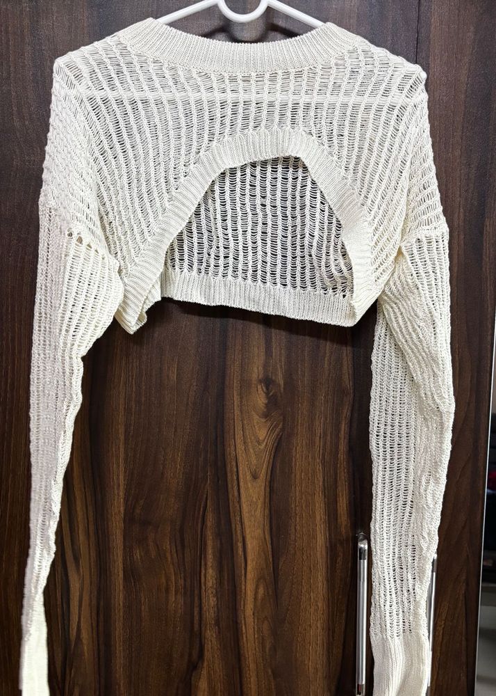 Cream Cropped Mesh Knit Top