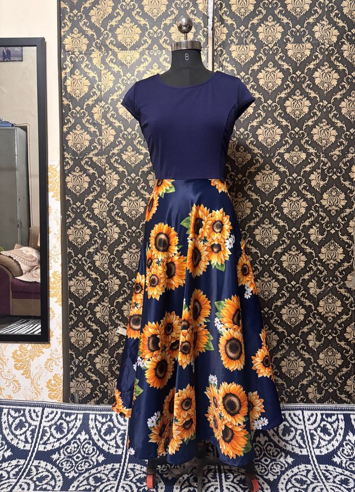 Navy Blue Sunflower Print Dress