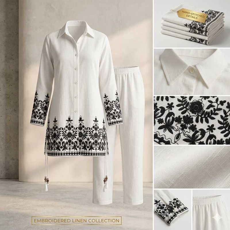 Embroidered Linen Kurta &amp; Pants Set