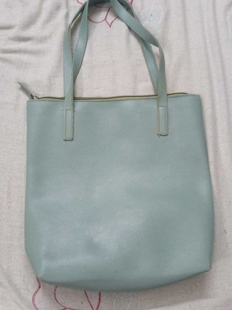 Light Blue Faux Leather Tote Bag with pouch combo
