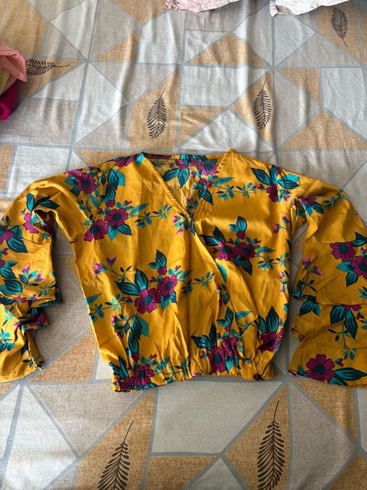 Yellow Floral Print Bell Sleeve Top