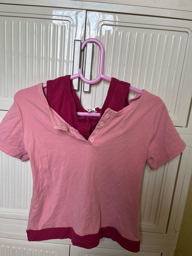Cute Pink Two-Tone Henley Top