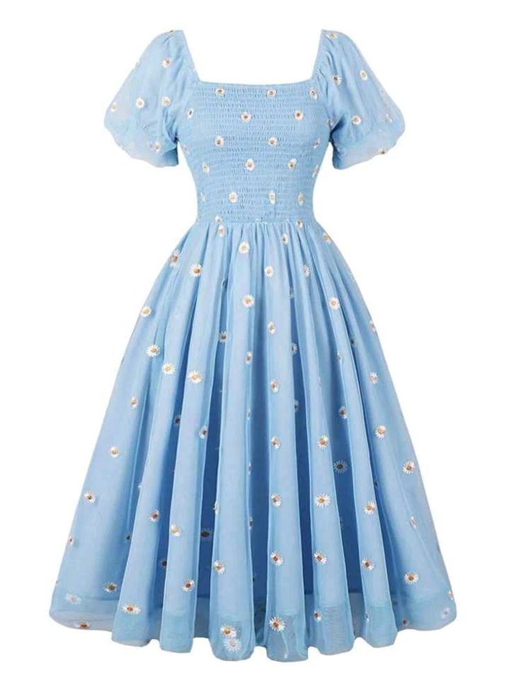 Blue Daisy embroidery Puff Sleeve Dress