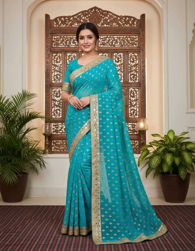 Beautiful Teal Saree with Golden Butti