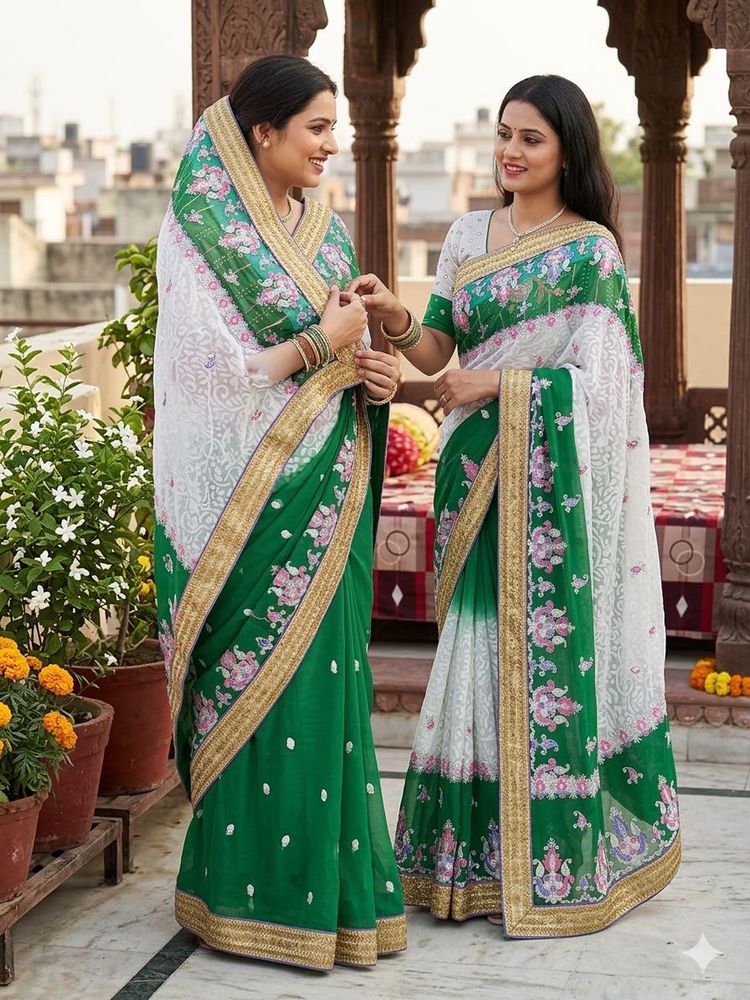 Elegant Green and White Saree