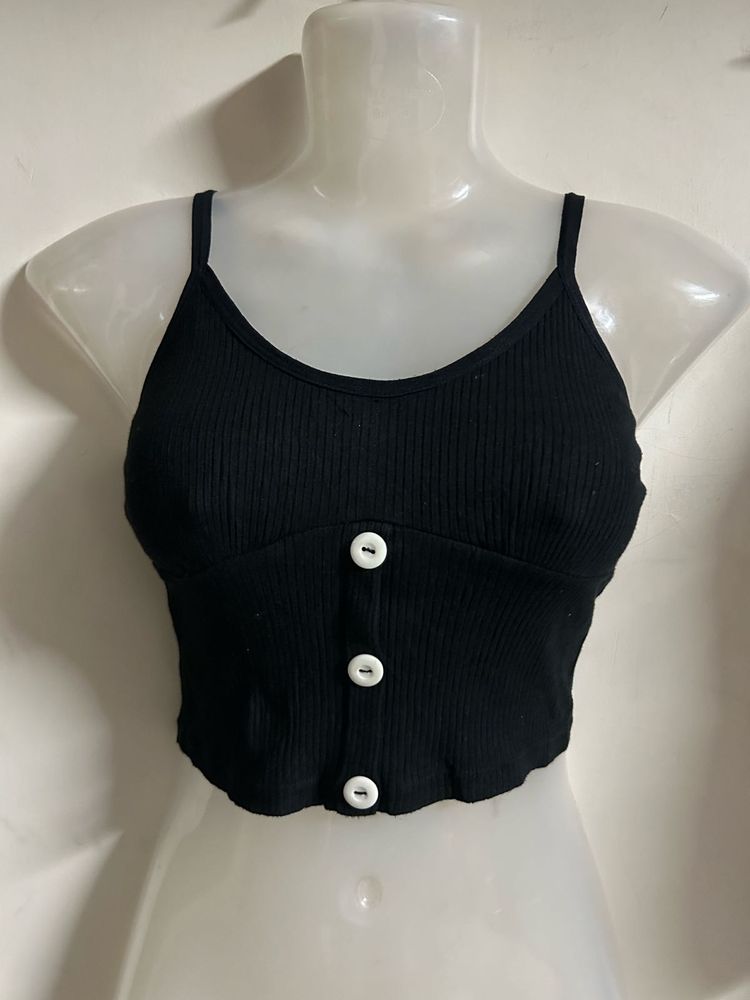 Black Ribbed Crop Top with Buttons